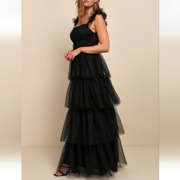 NWT Lulus Tulle For Love Black Mesh Tulle Tiered Ruffled Maxi Dress - Picture 4 of 12